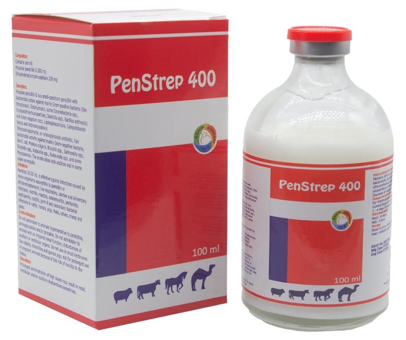 PenStrep Injection bottle and box in red and dark blue color.