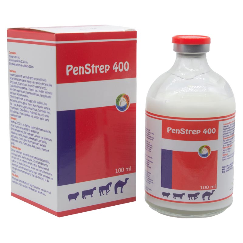 PenStrep Injection bottle and box in red and dark blue color.