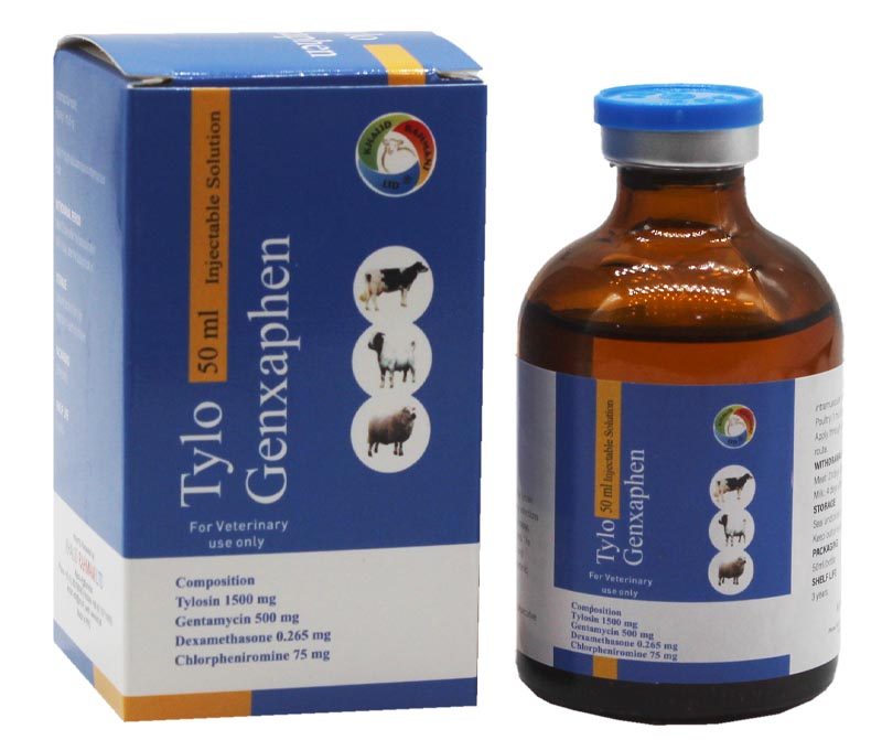 Tylo Genxaphen injection bottle and box in dark blue color standing next to each other it is 50ml vial.