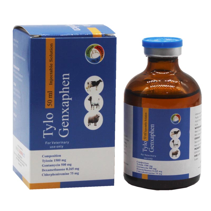 Tylo Genxaphen injection bottle and box in dark blue color standing next to each other it is 50ml vial.